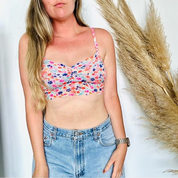 VS VICTORIAS SECRET PINK Lace White Red Blue Floral Print Ruffle Bra Bralette M - Picture 3 of 11